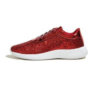 LUCKY STEP Women Red Shoes Sparkly Lightweight Metallic Sequins Tennis Shoes